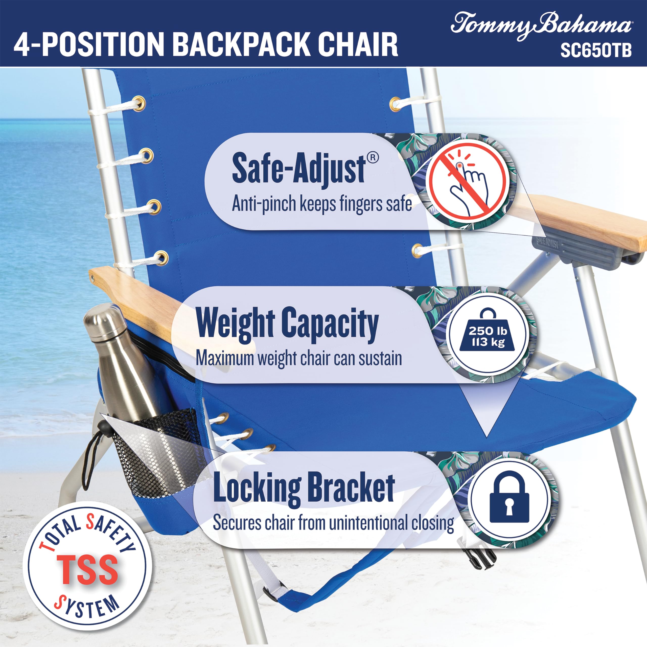 Tommy Bahama Hi-Boy Safe-Adjust wooden armrests prevent finger pinching