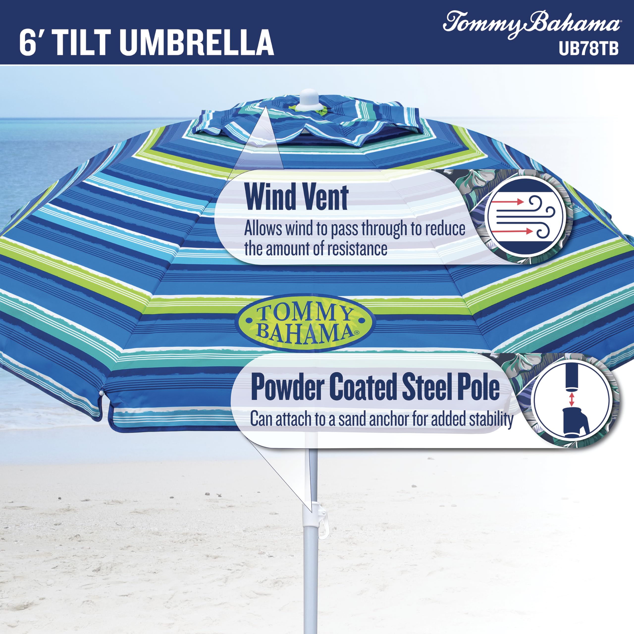 Tommy Bahama Tilt Umbrella close folds compactly for storage