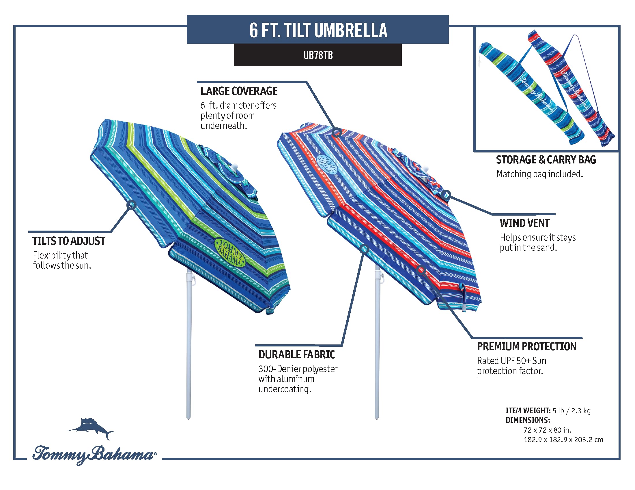 Tommy Bahama Tilt Umbrella UPF 50+ protection helps shield skin