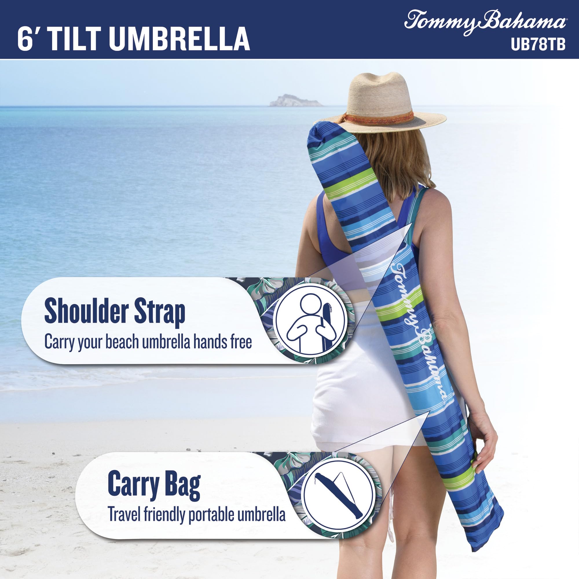 Tommy Bahama umbrella sets up quickly for sunny outings.