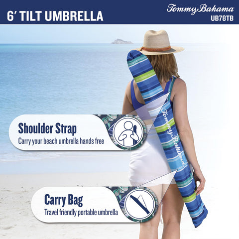 Tommy Bahama umbrella sets up quickly for sunny outings.