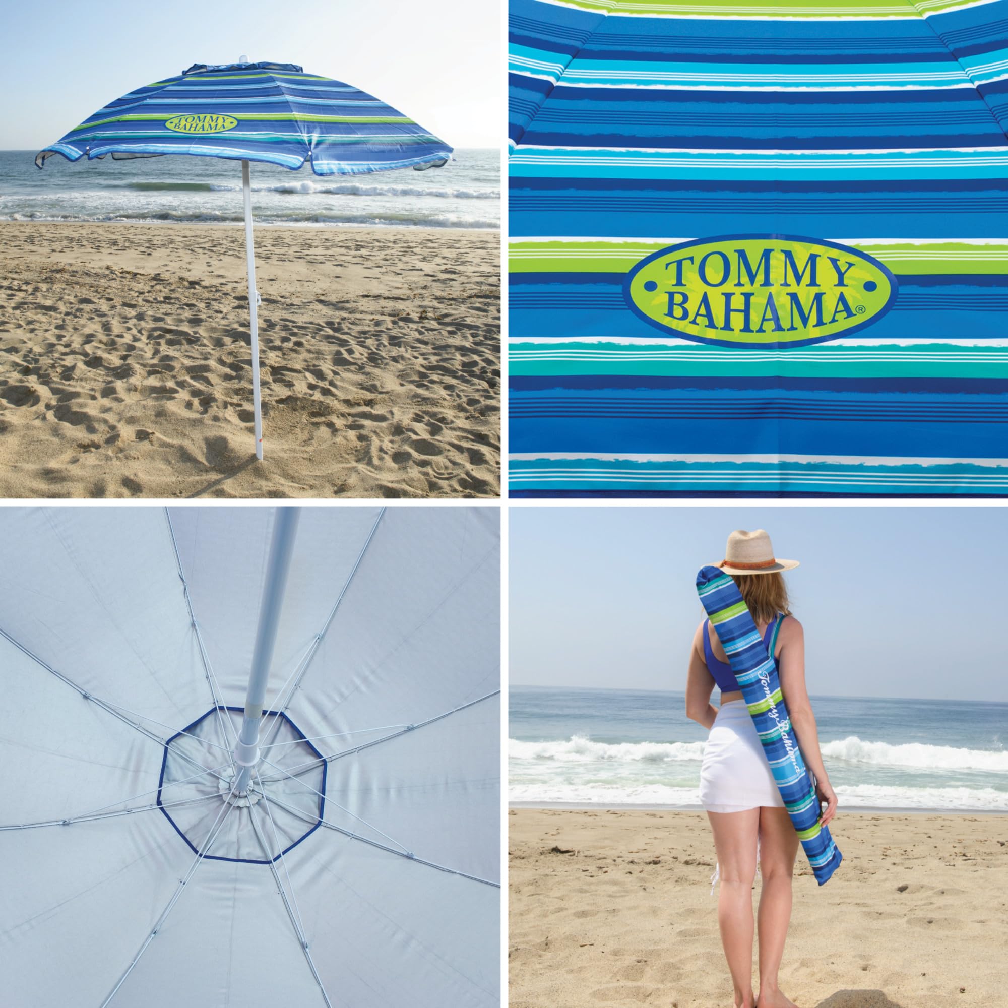 Tommy Bahama powder-coated steel pole with sand anchor keeps shade secure.