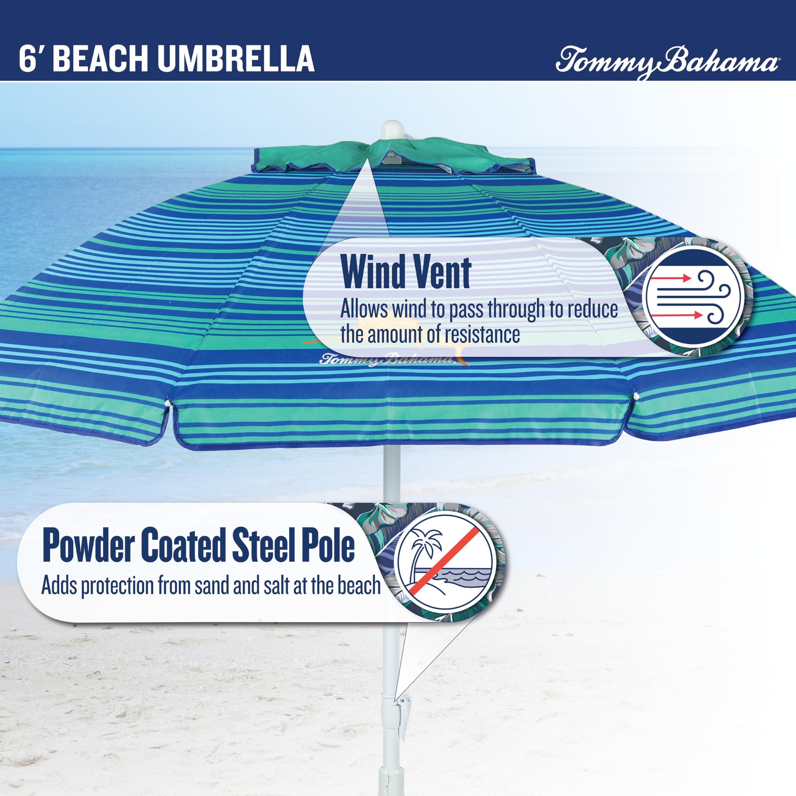 Tommy Bahama wind vent design for stable performance in breeze