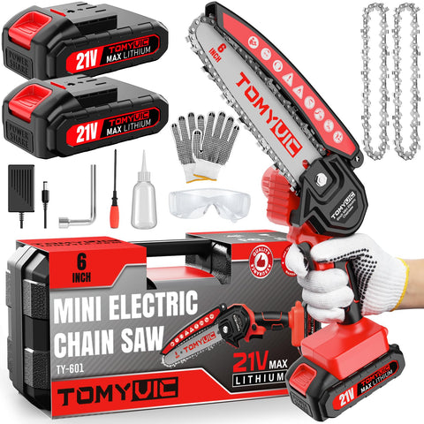 Tomyvic electric 6-inch mini chainsaw cutting a branch for pruning