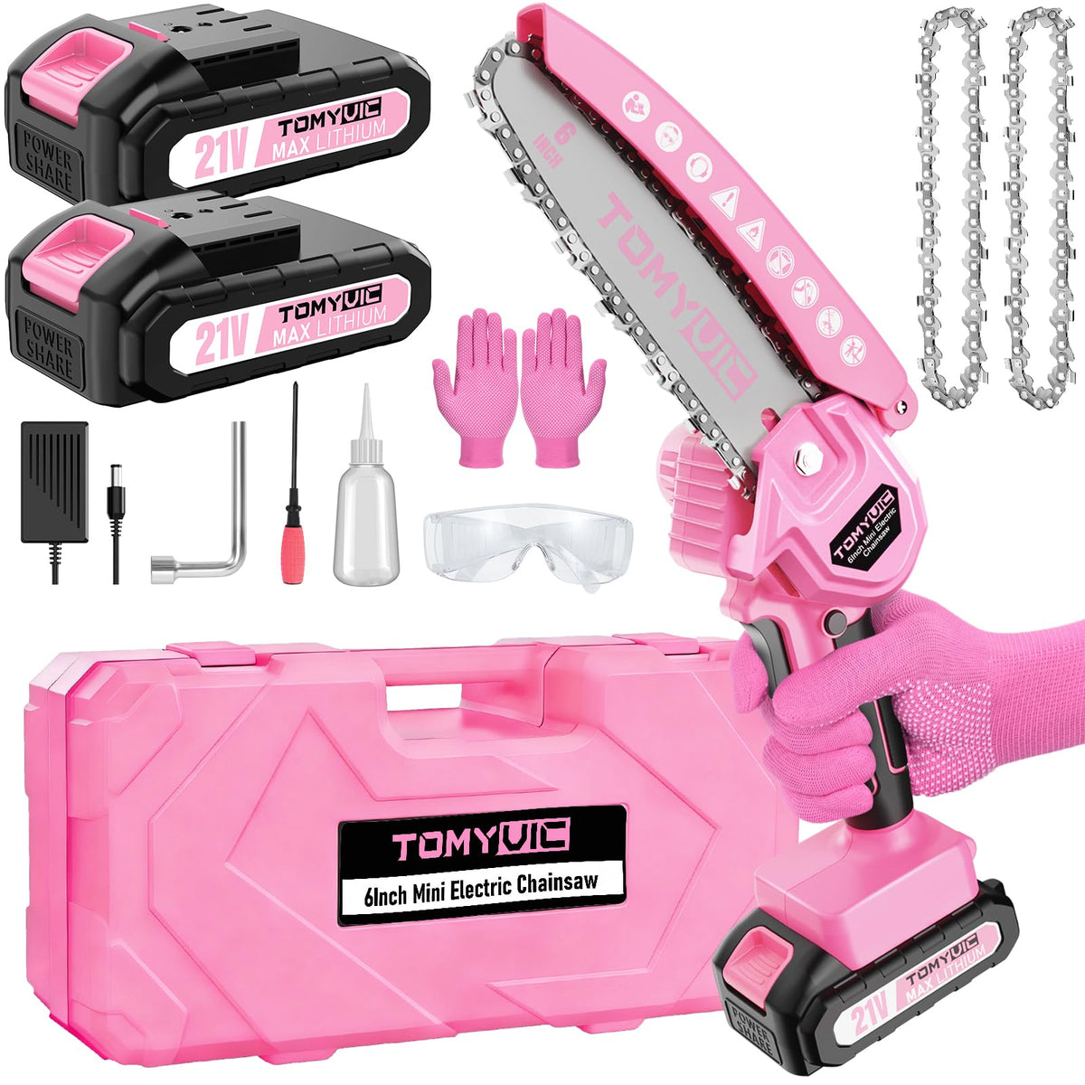 Tomyvic pink mini chainsaw battery pack visible for long cordless cutting sessions.