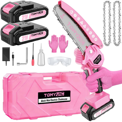 Tomyvic pink mini chainsaw battery pack visible for long cordless cutting sessions.