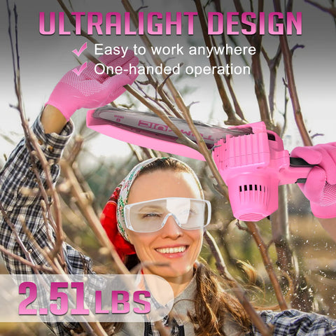 Tomyvic pink cordless chainsaw cutting small logs efficiently.