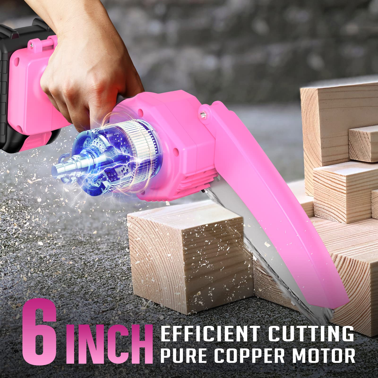 Tomyvic pink mini chainsaw with dual batteries boosts uptime.