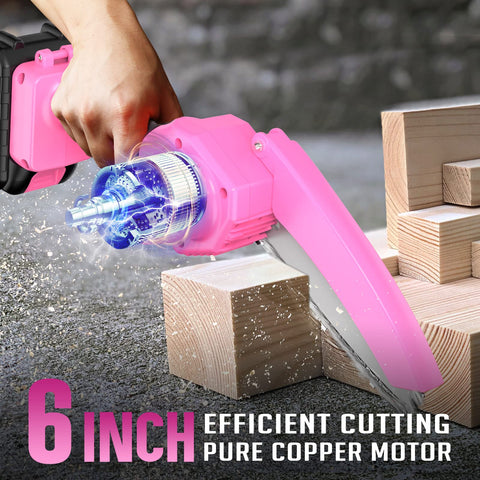 Tomyvic pink mini chainsaw with dual batteries boosts uptime.