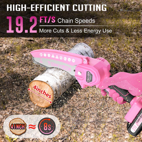 Tomyvic pink mini chainsaw in use for precise pruning with lightweight design.