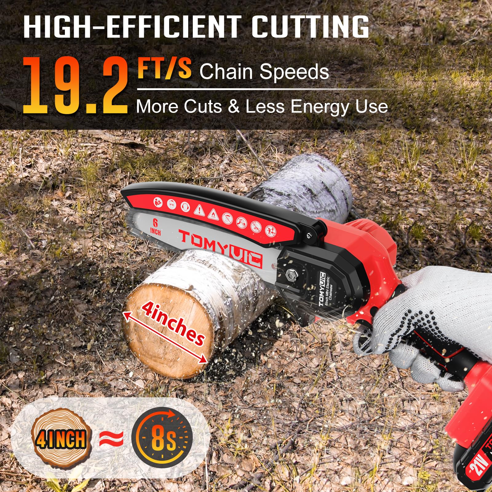 Tomyvic mini chainsaw with two batteries ready for yard work
