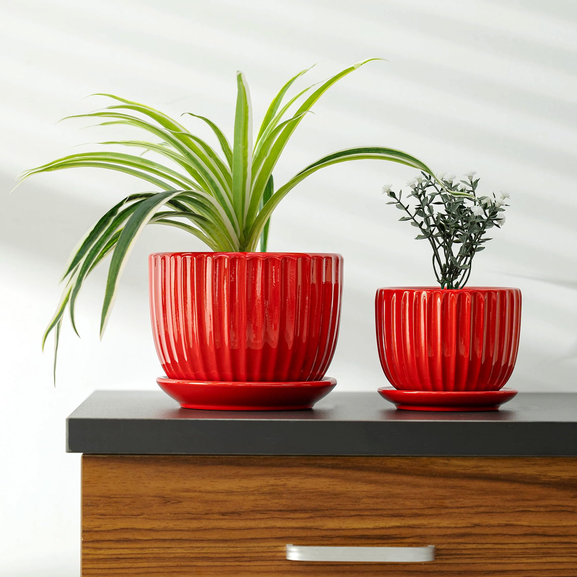Ton Sin red ceramic pot with saucer included for stylish display