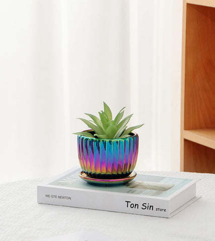 Ton Sin stoneware planter set adds artistic glow to any space.