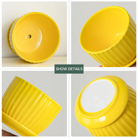 Ton Sin sunburst yellow pot with saucer 4.1-inch helps manage moisture