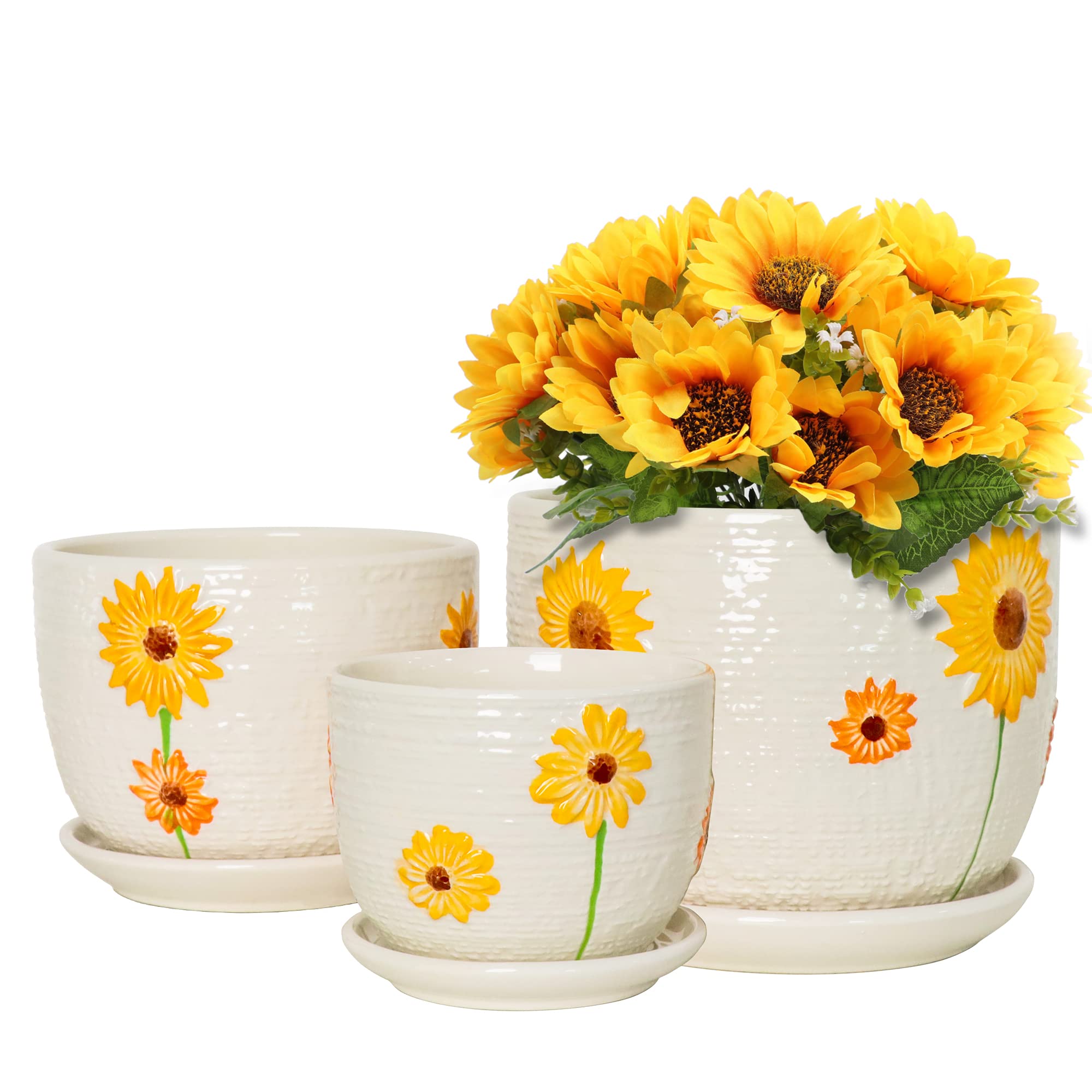 Ton Sin large sunflower ceramic pot, close-up of handcrafted glaze for indoor plants.