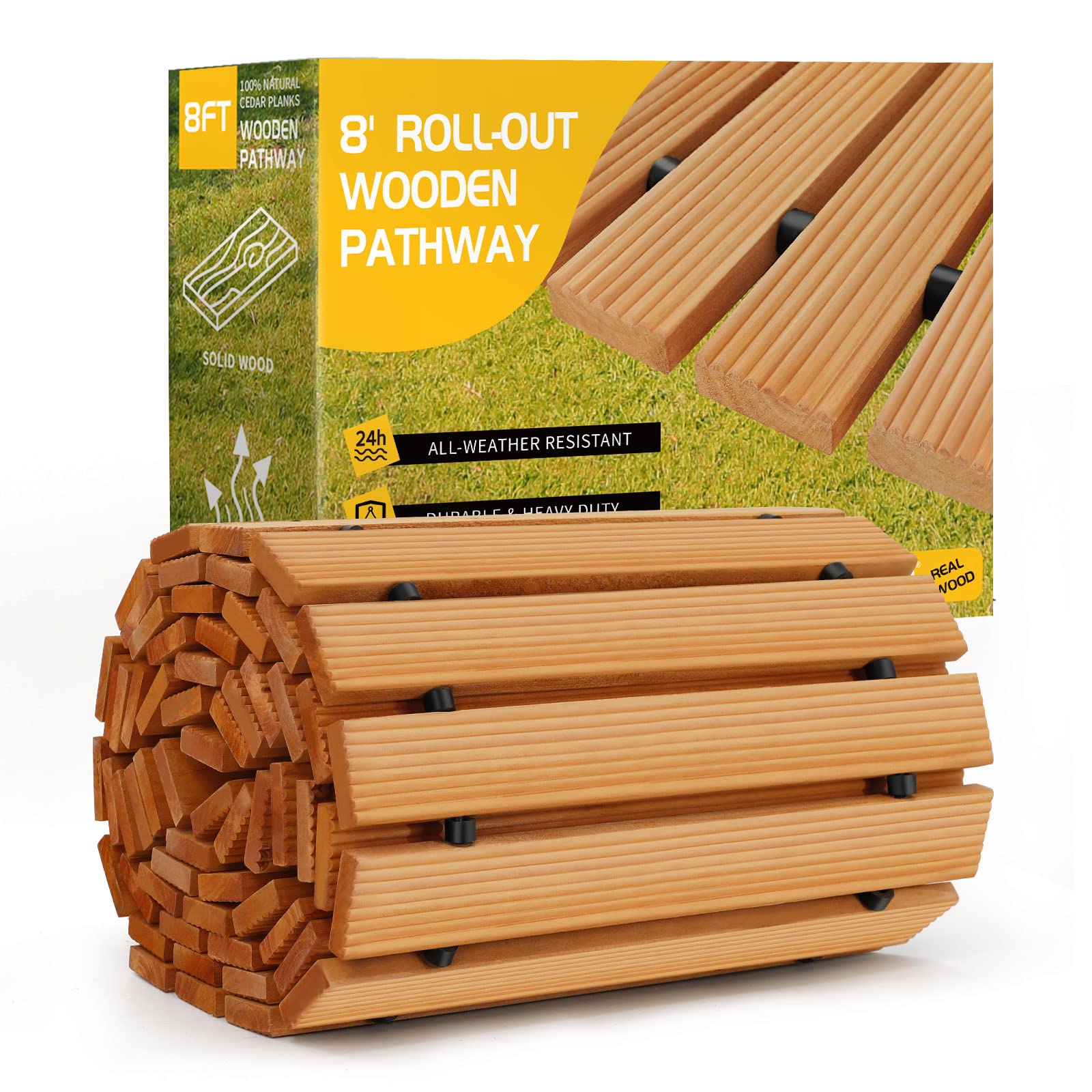 Tonahutu 8ft wooden pathway rolled out on grass for an elegant outdoor walkway.