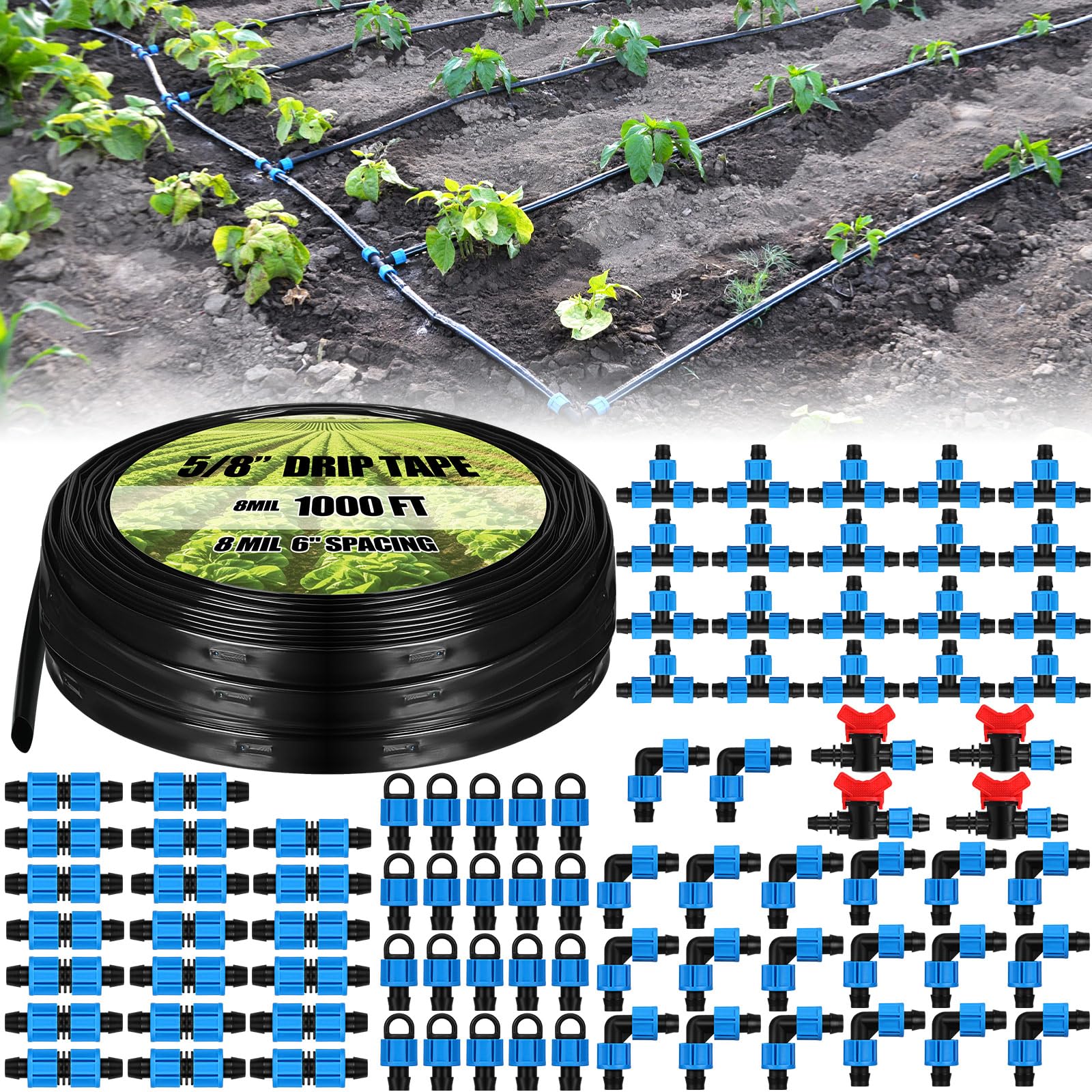 Tondiamo 1000 ft drip tape kit laid out for efficient garden watering.