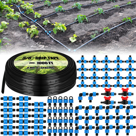Tondiamo 1000 ft drip tape kit laid out for efficient garden watering.