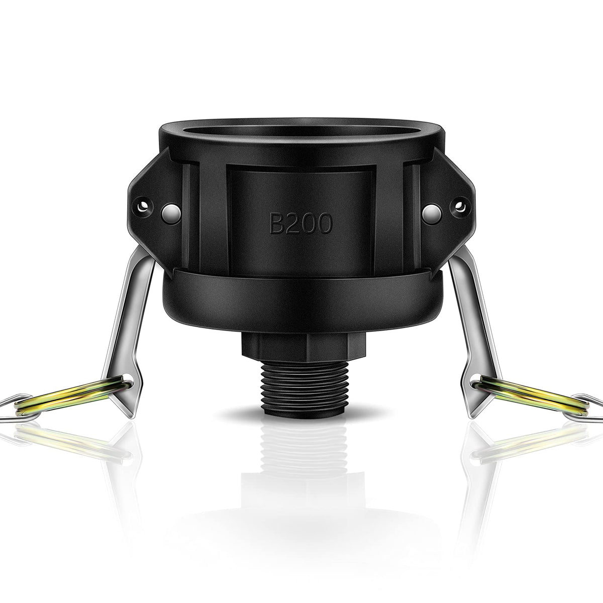 Tondiamo 2-inch camlock to 3-4-inch hose adapter for IBC totes enables quick water transfer.