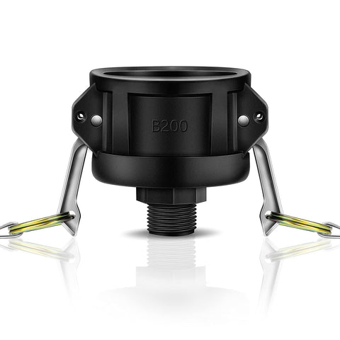 Tondiamo 2-inch camlock to 3-4-inch hose adapter for IBC totes enables quick water transfer.