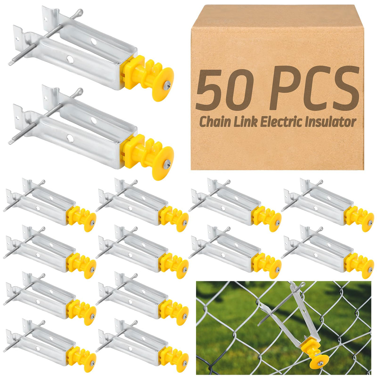 Tondiamo chain link insulator closeup showing 4.5-inch wire extension for safer fencing.