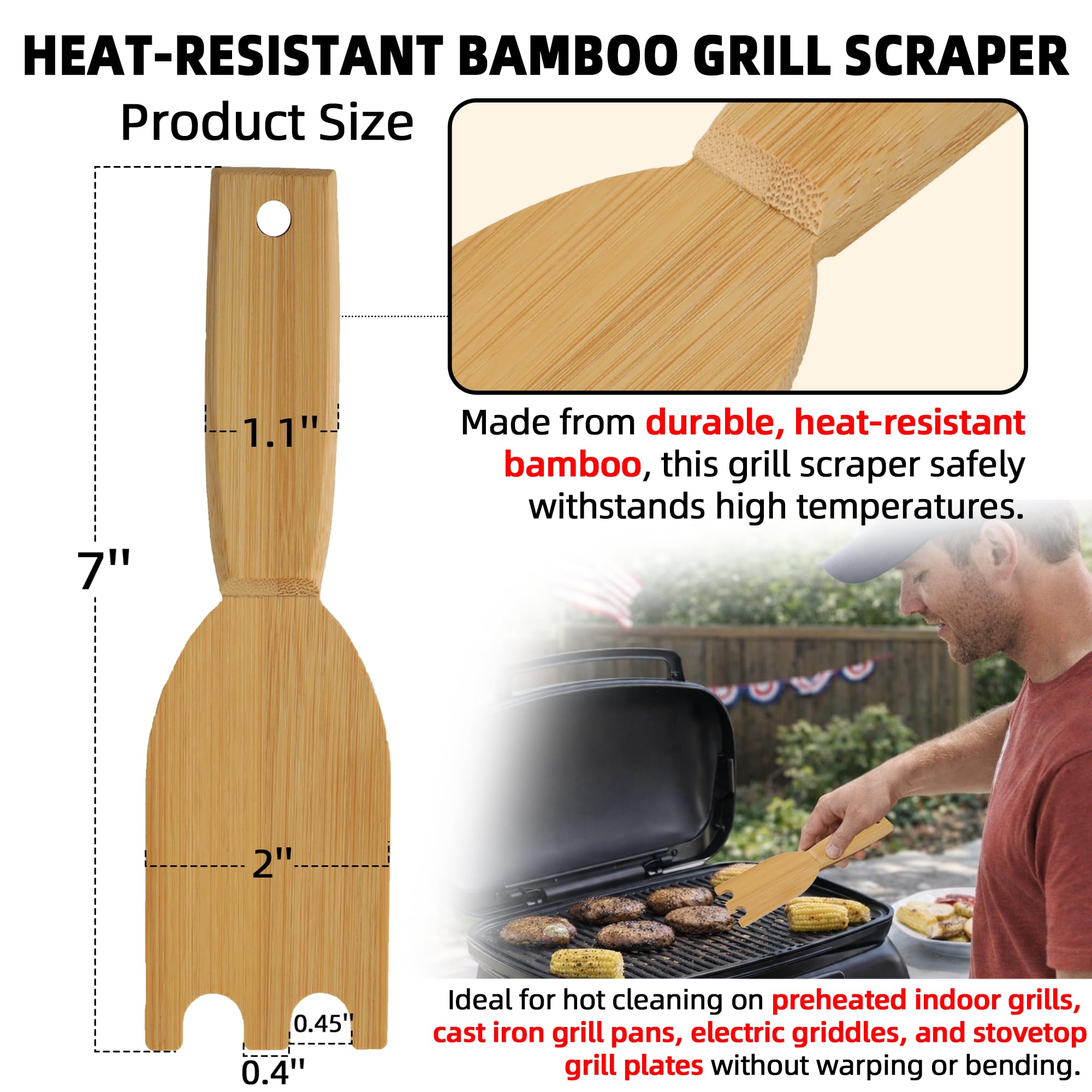 TonGass Bamboo Grill Scraper showing compatibility with George Foreman models for versatile kitchen use.