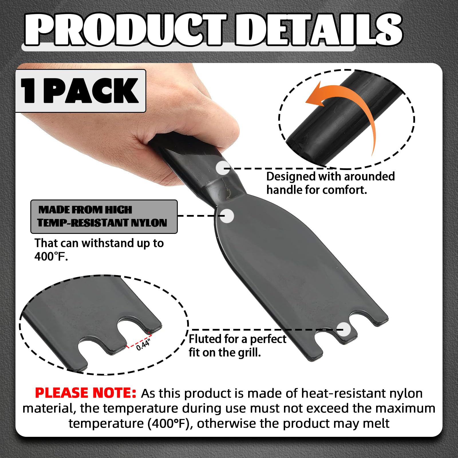 TonGass Grill Scraper groove-fit image shows grooves matching grill patterns for debris removal.