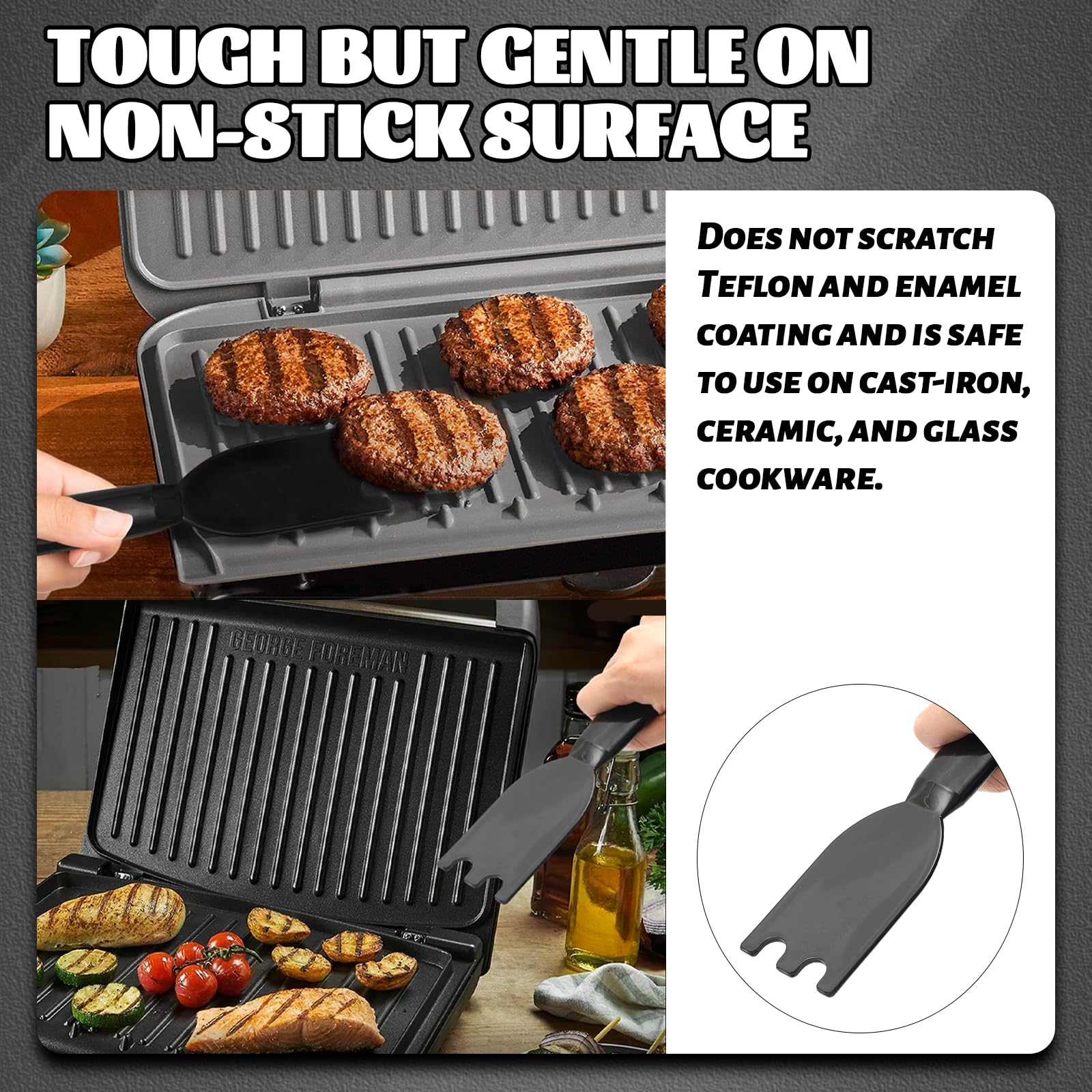 TonGass Grill Scraper universal-fit shot shows compatibility with George Foreman and more.