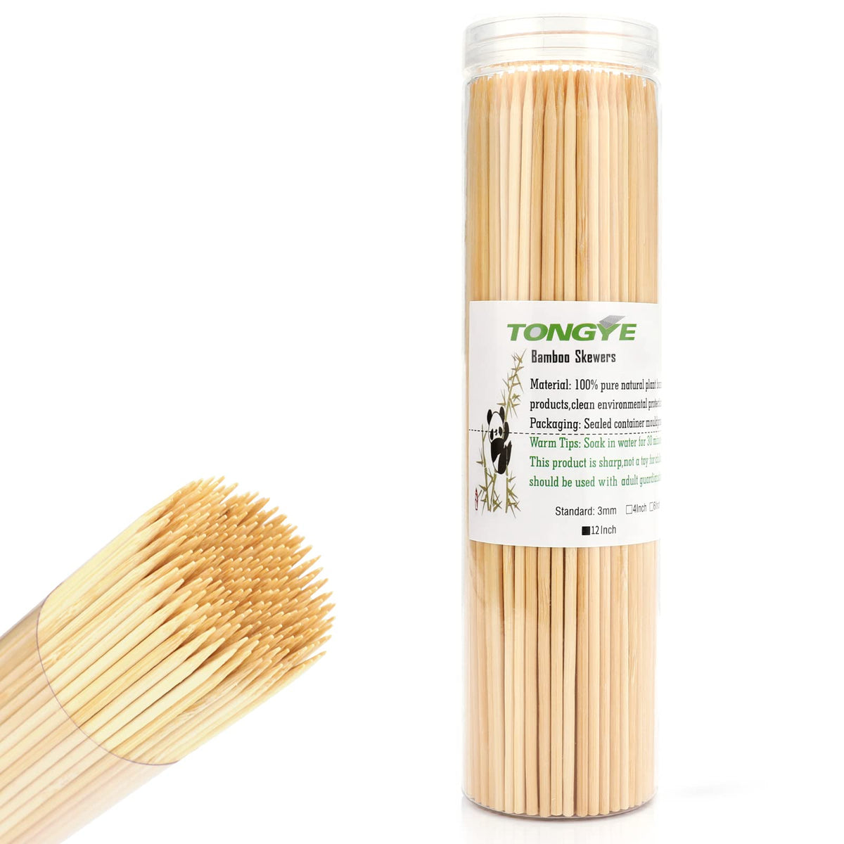 Tongye 12-inch bamboo skewers in cylinder packaging for mess-free storage.