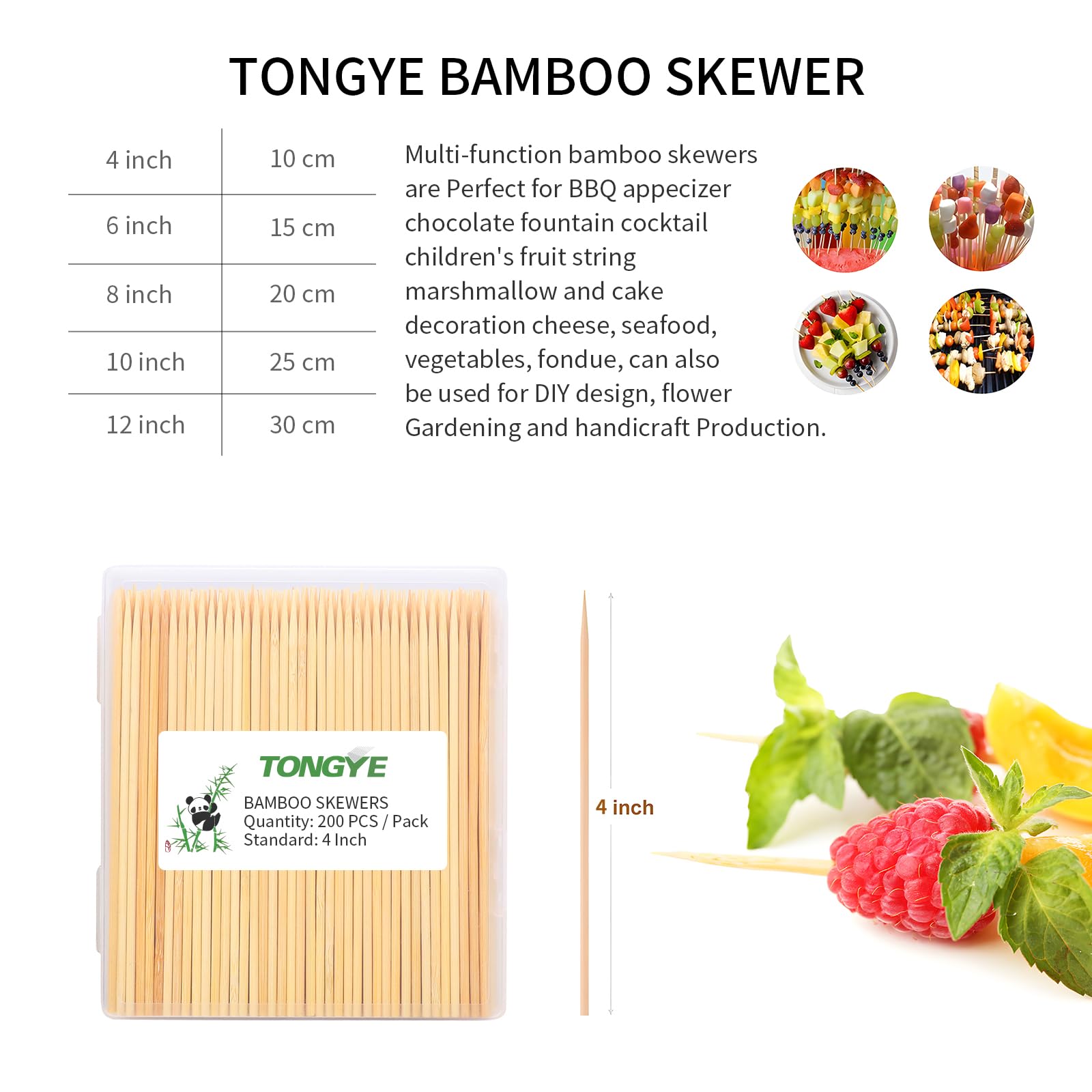 Tongye 4-inch skewers ideal for appetizers and bite-size treats.