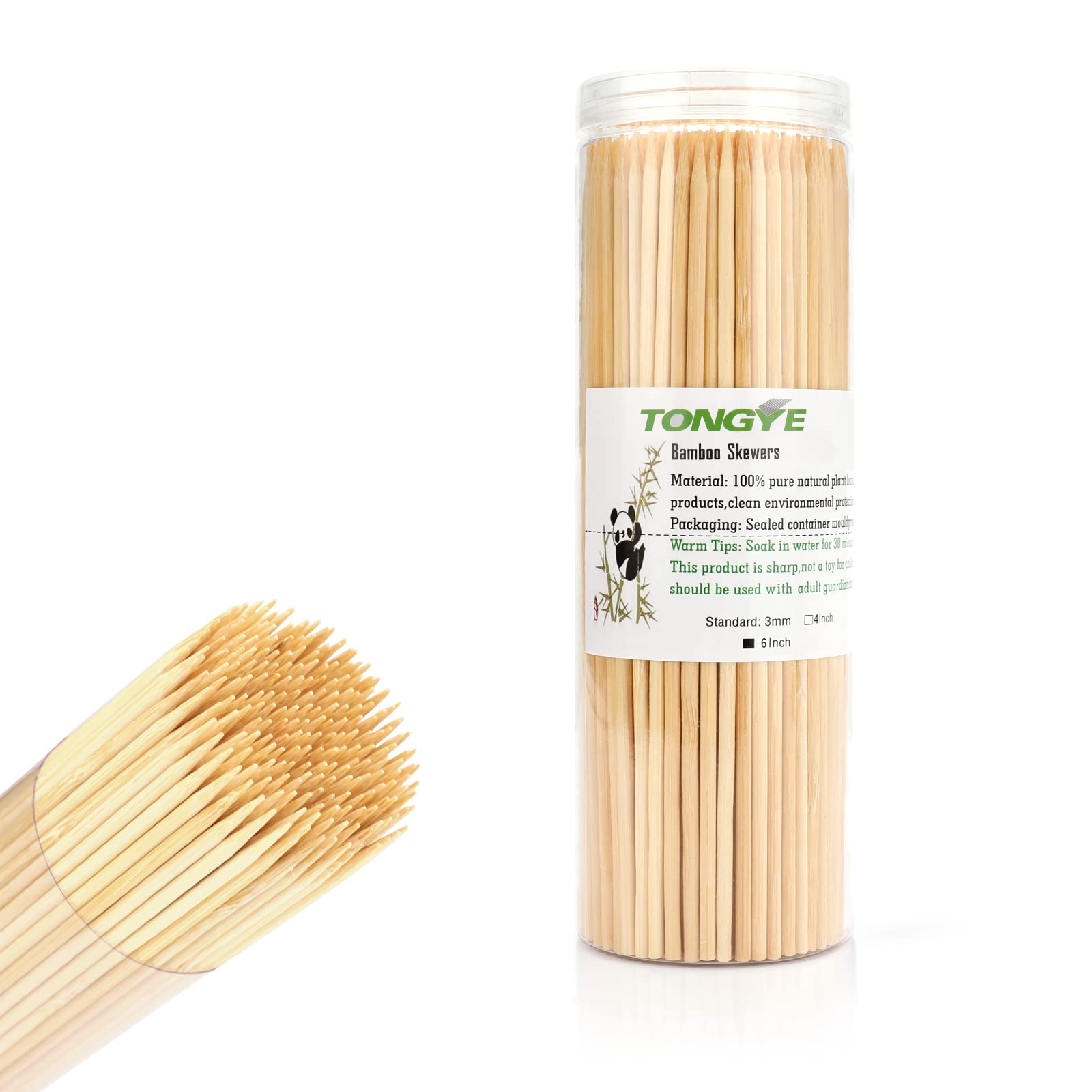 Tongye 6 inch bamboo skewers in a 200-piece pack, ready for grills and party appetizers.