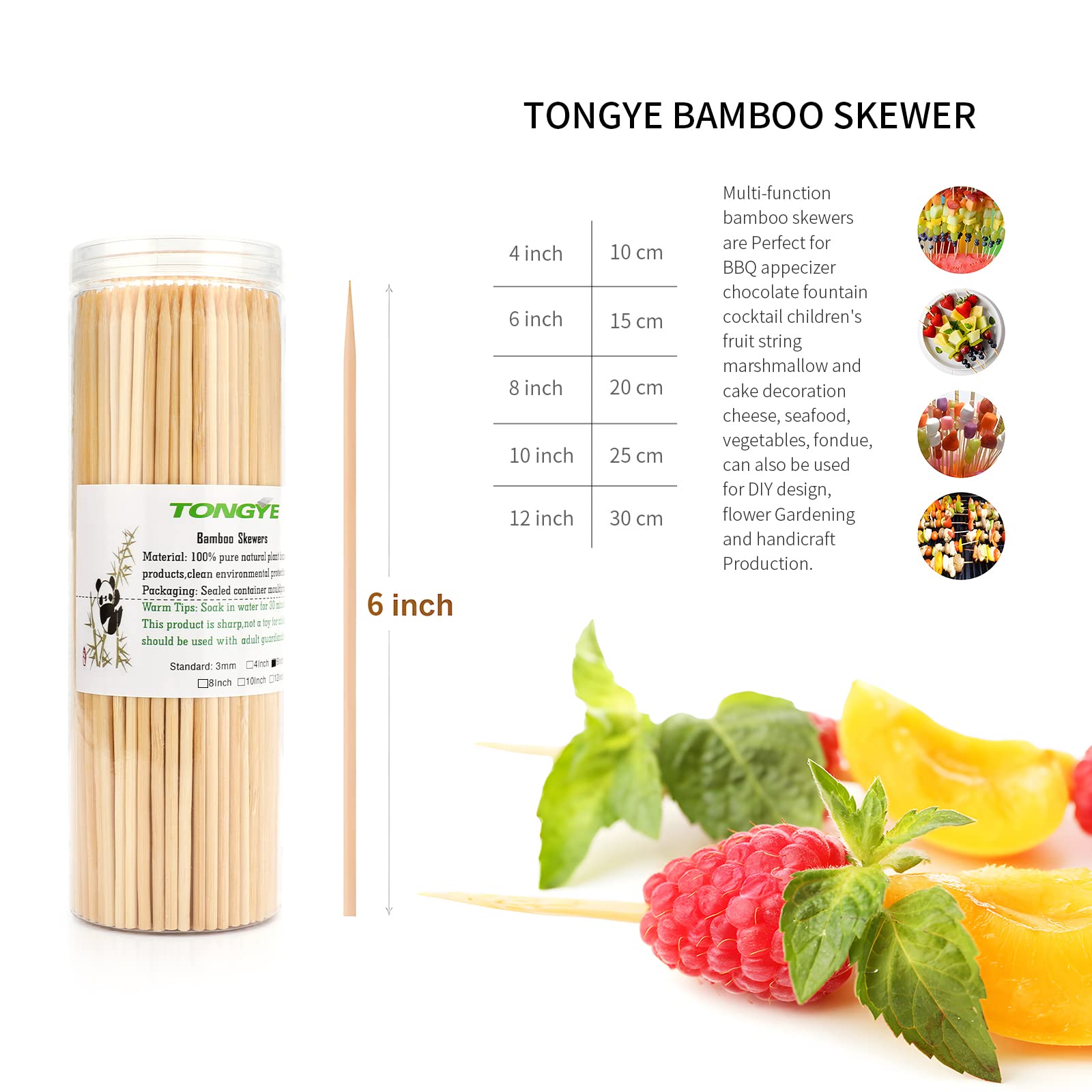 Tongye premium 3mm diameter skewers provide sturdy support for bite-sized foods.