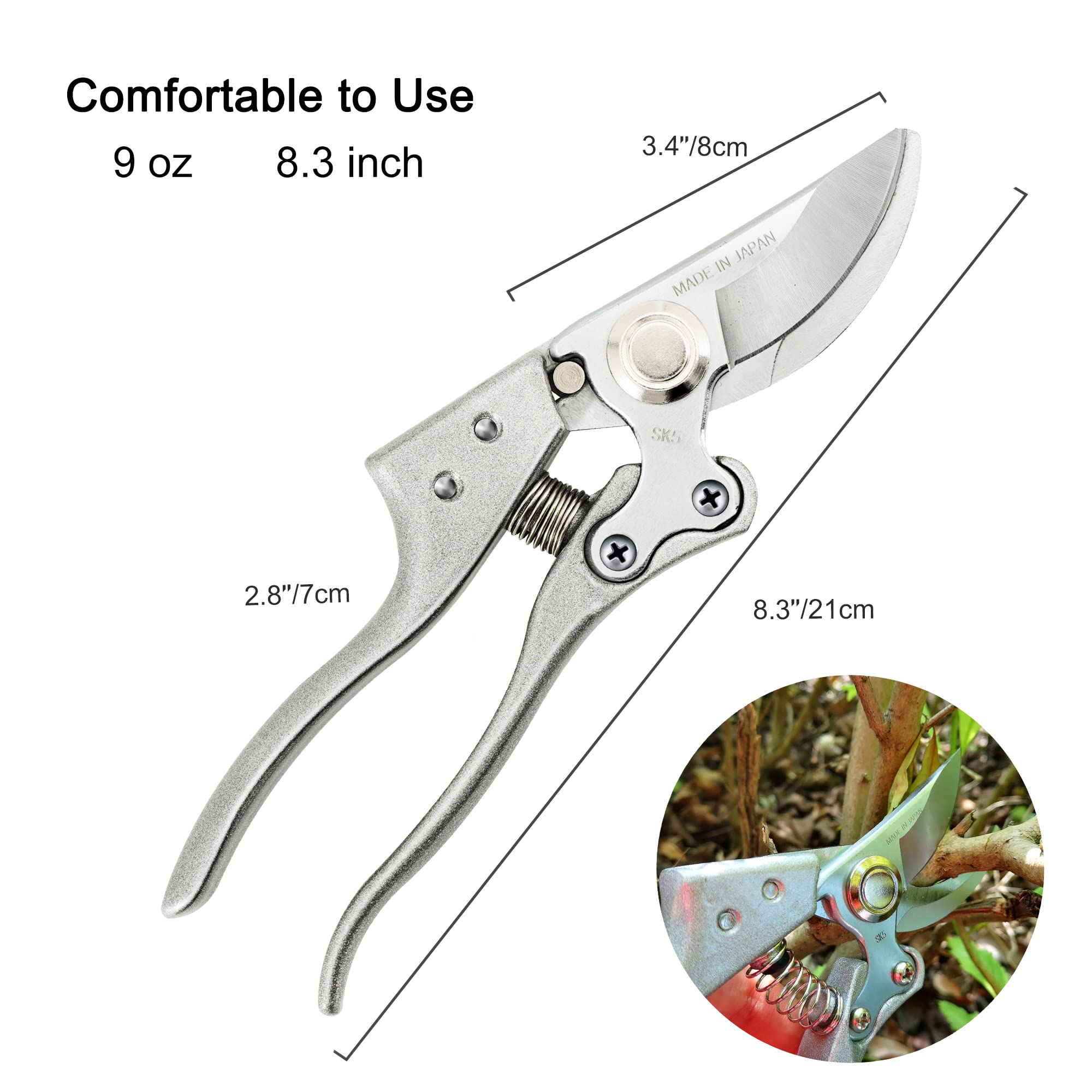 TONMA pruning shears in action cutting a thin branch up to one inch
