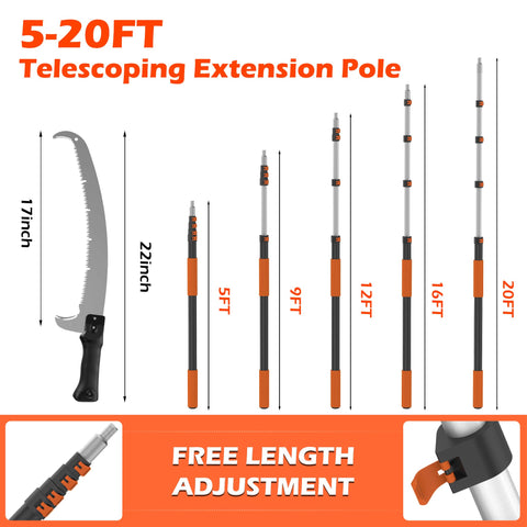 Extendable 5-20ft pole with flip-tab lock in use for adjustable pruning height