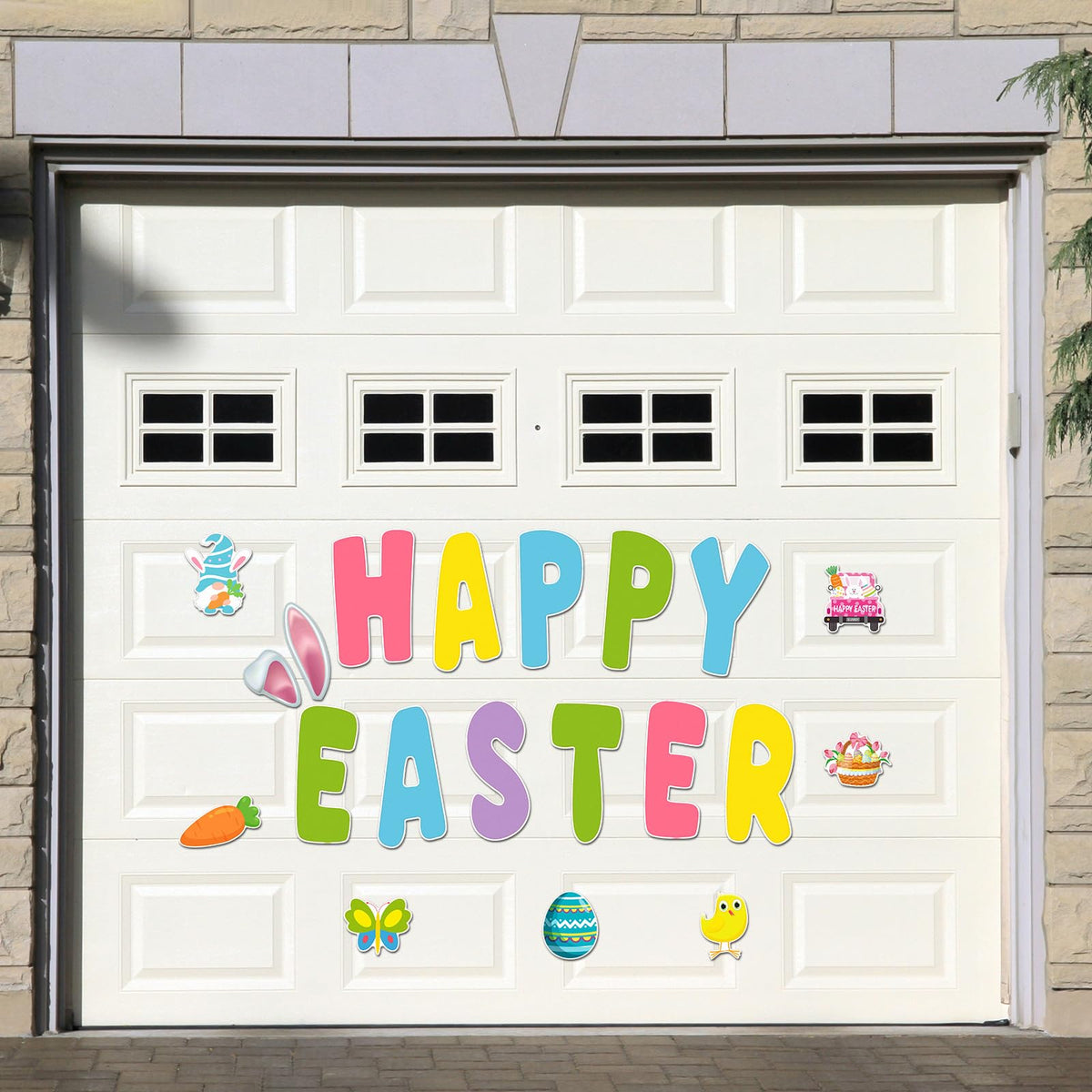 TOODOO Easter magnets on garage door create a vibrant, reusable seasonal display