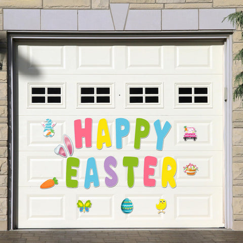 TOODOO Easter magnets on garage door create a vibrant, reusable seasonal display