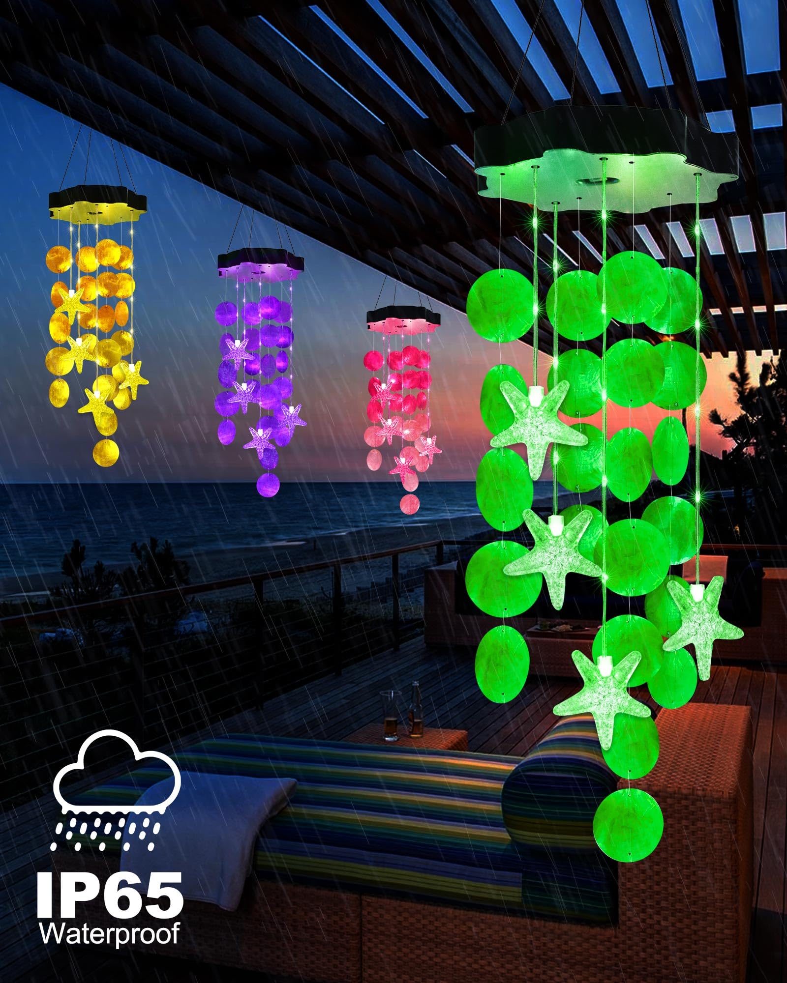 Toodour garden solar light chime creates cozy porch mood after sunset.