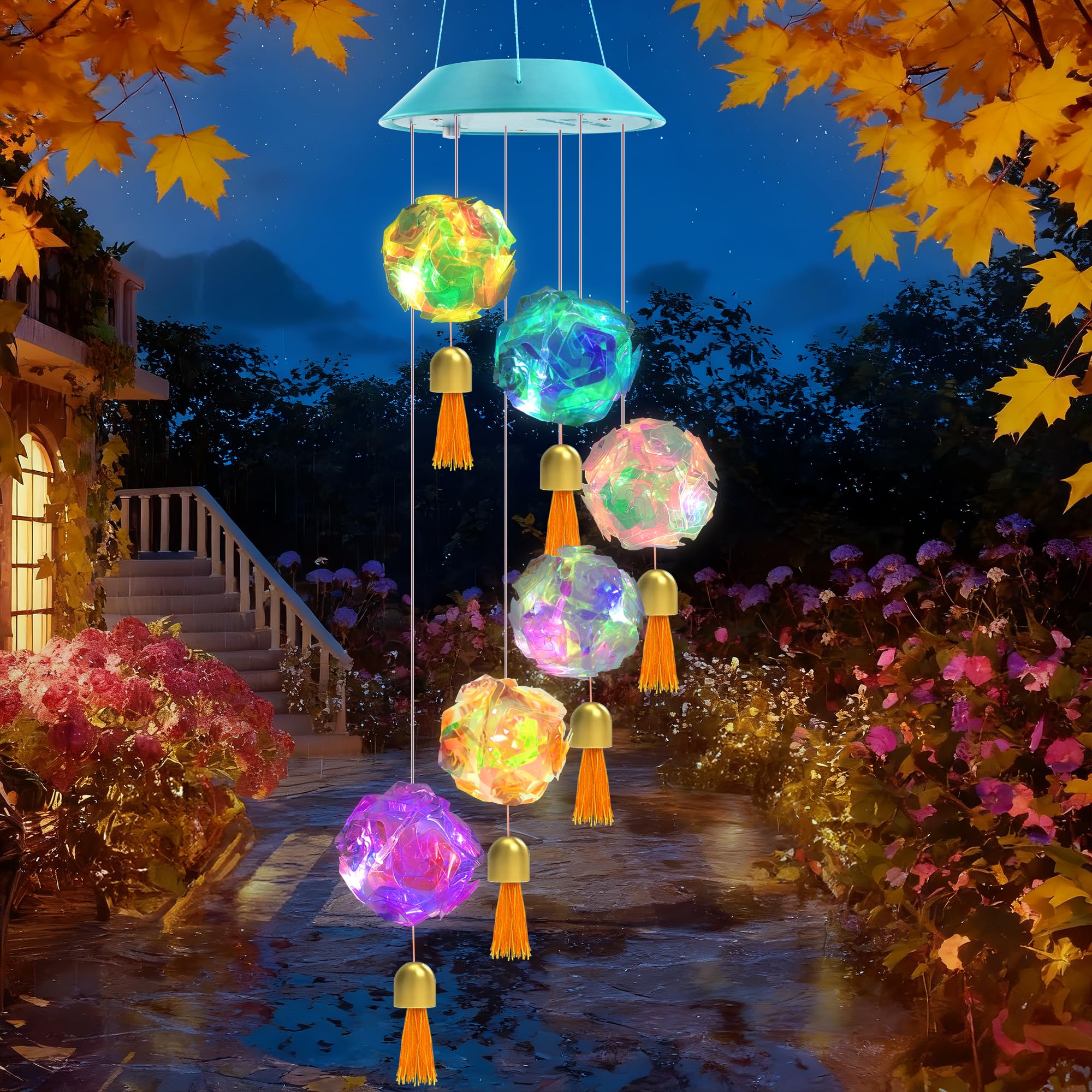 Toodour solar wind chime with hydrangea ball lights for sunny-day charge and night glow