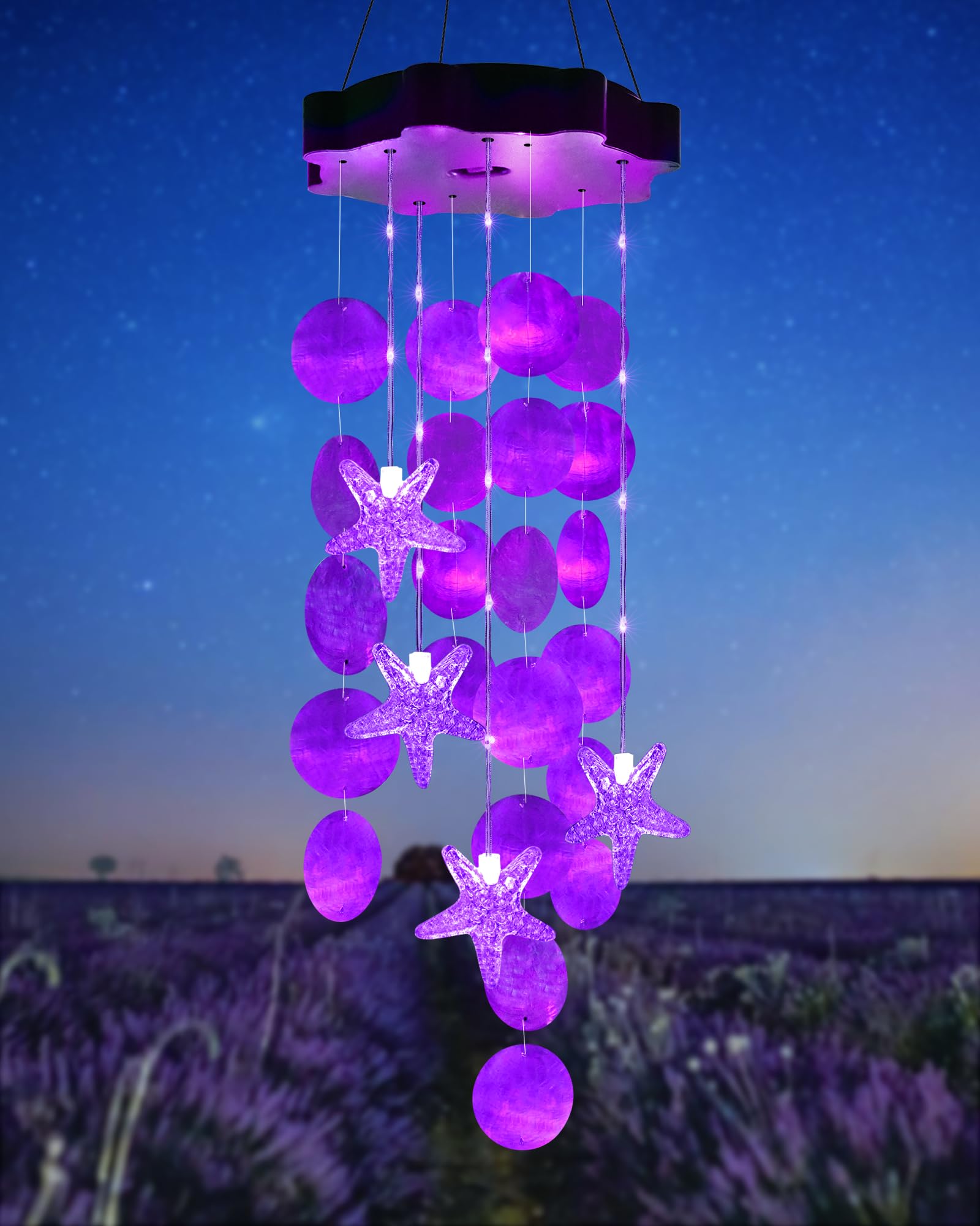 Toodour solar wind chimes with purple shells illuminate your outdoor space.