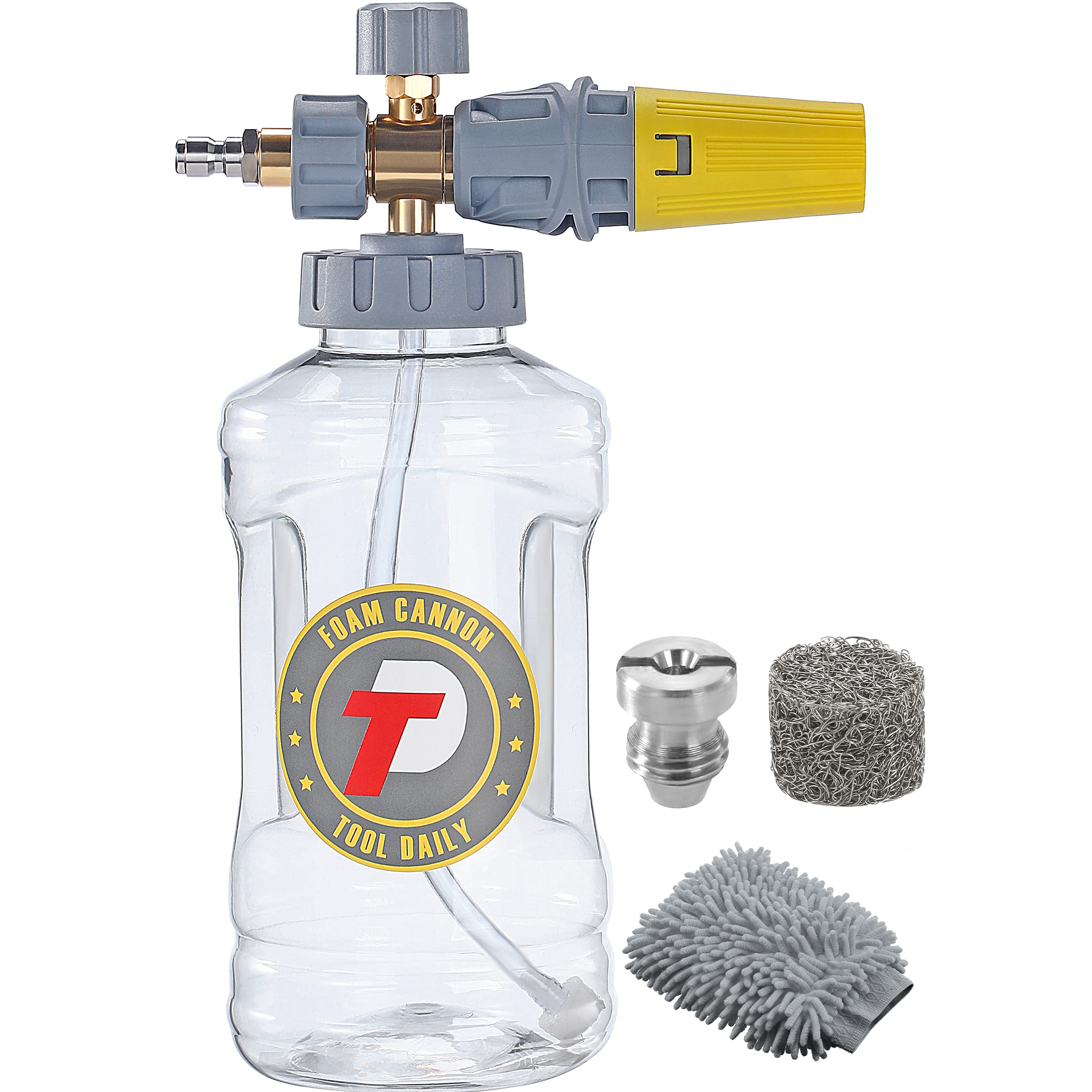 Tool Daily foam cannon assembly demonstrates versatile connection options for compatible pressure washers.