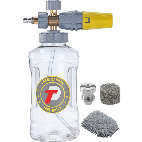 Tool Daily foam cannon assembly demonstrates versatile connection options for compatible pressure washers.