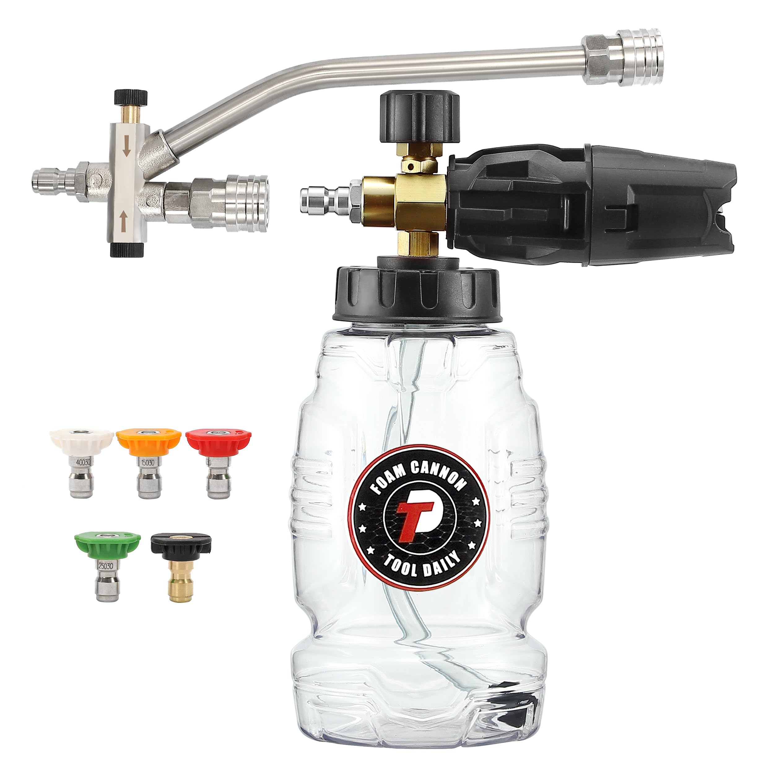 Tool Daily foam cannon dual-connector setup enabling smooth water flow during washing.