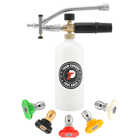 Tool Daily foam cannon with dual connector assembly for smooth water flow.