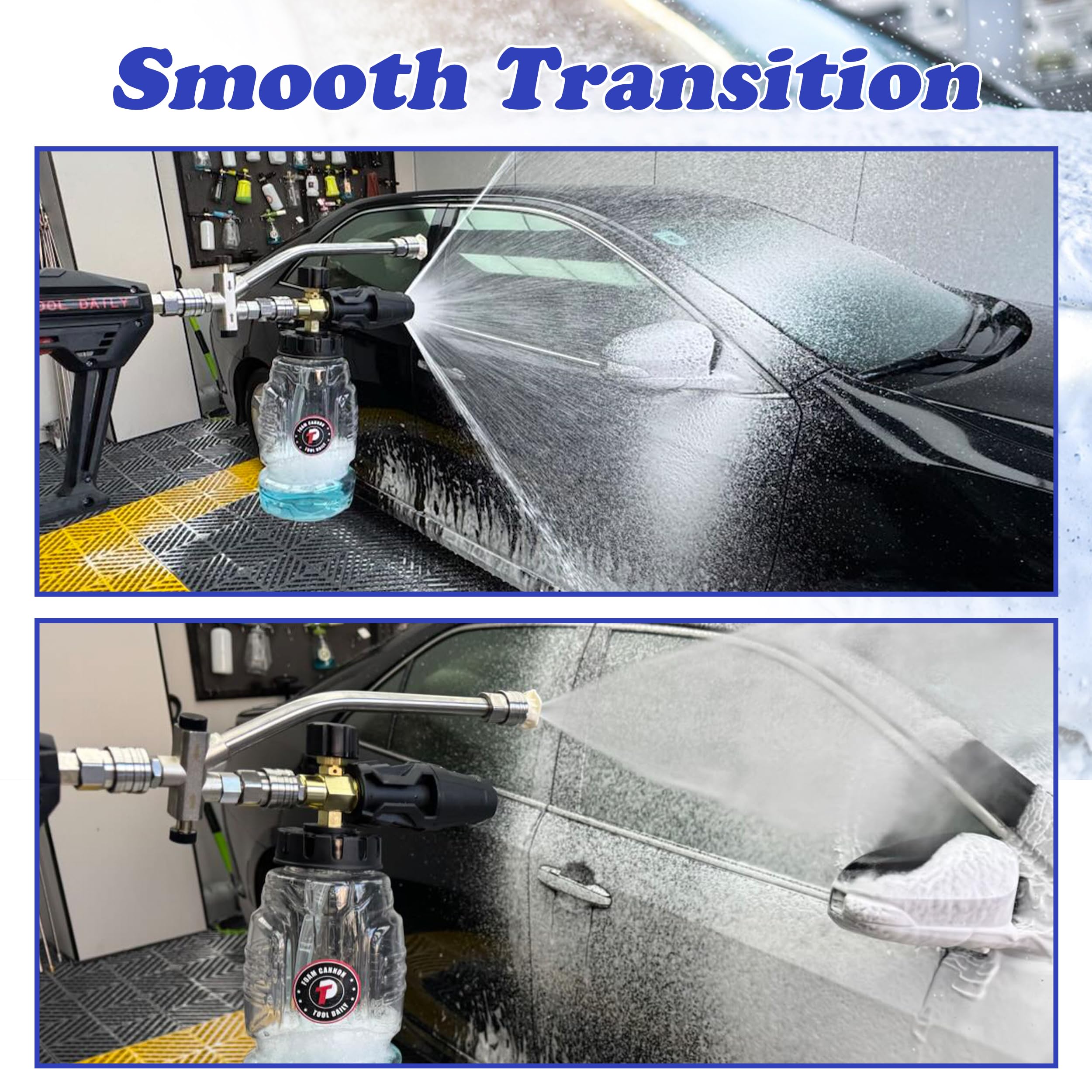 Tool Daily foam cannon with 1/4 inch quick-connect for easy attachment.