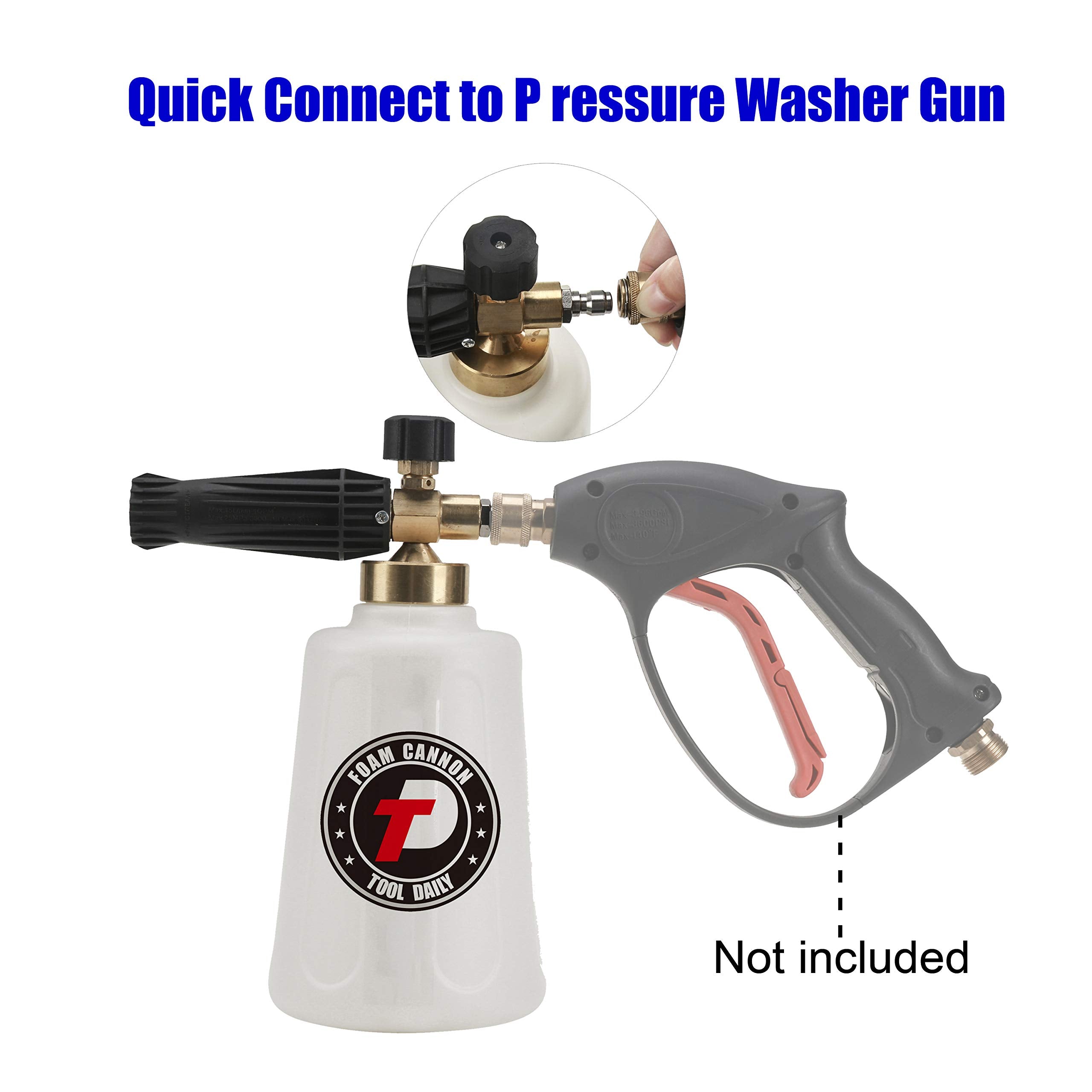 Tool Daily foam cannon showing 1/4 inch quick-connect for fast attachment