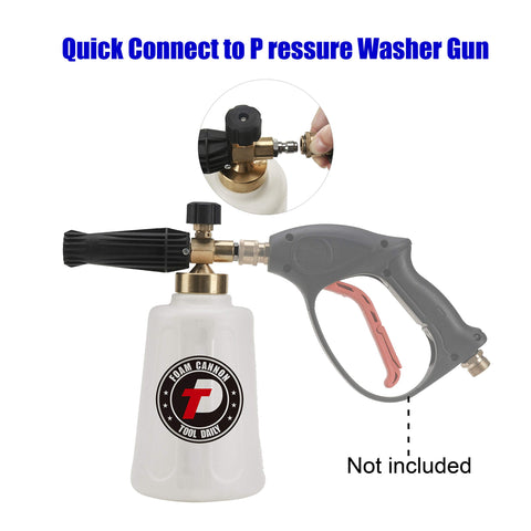 Tool Daily foam cannon showing 1/4 inch quick-connect for fast attachment