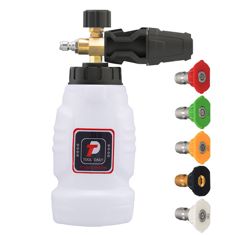 Tool Daily foam cannon with 1/4 inch quick connect for effortless car washing.