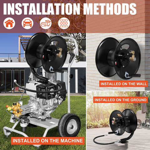 Tool Daily 100 ft capacity reel visual indicating long reach (hose not included).