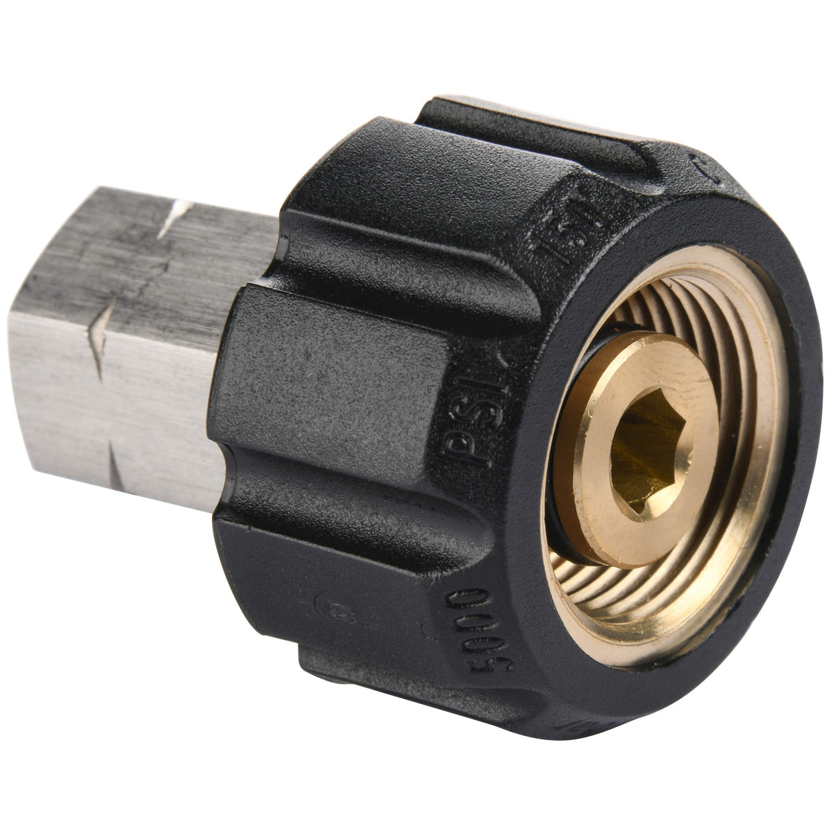 Tool Daily pressure washer adapter close-up showing M22 to 1/4 NPT threads for a secure connection