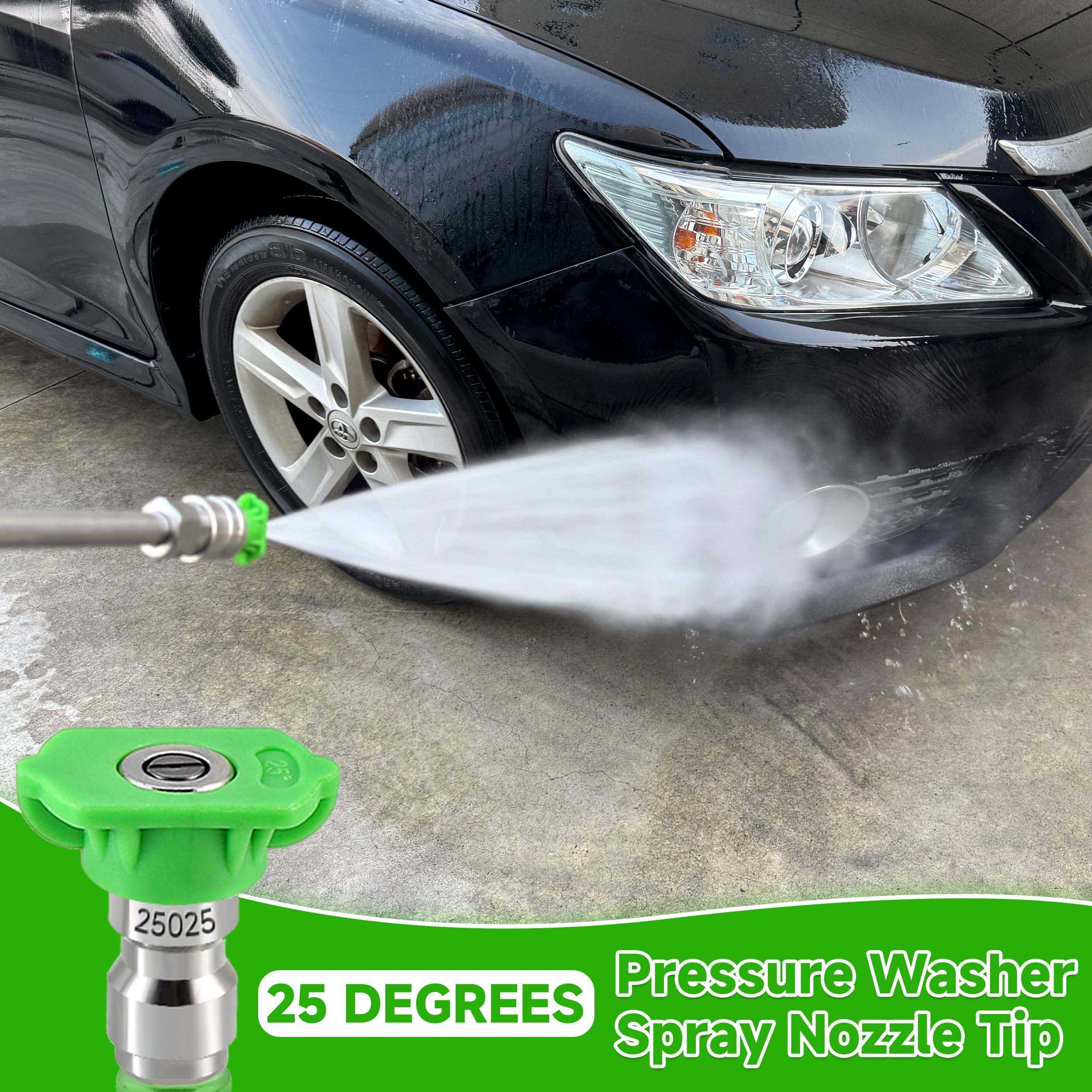 Tool Daily 25-degree green nozzle close-up showing stainless steel rustproof construction.